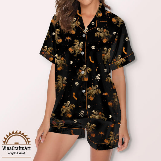 Halloween Pajamas Set – Skeleton Riding Mummy Dinosaur Sleepwear | Spooky Cute Loungewear for Women | Funny Halloween Pajamas Set