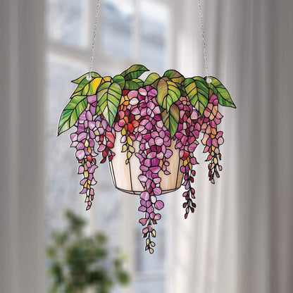 Vibrant Wisteria Flower Pot Window Hanging, Handcrafted Nature Decor for Elegant Home and Garden Spaces