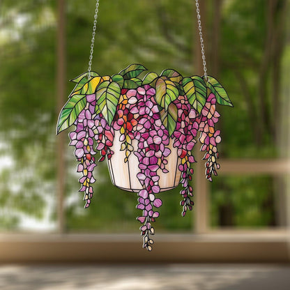 Vibrant Wisteria Flower Pot Window Hanging, Handcrafted Nature Decor for Elegant Home and Garden Spaces