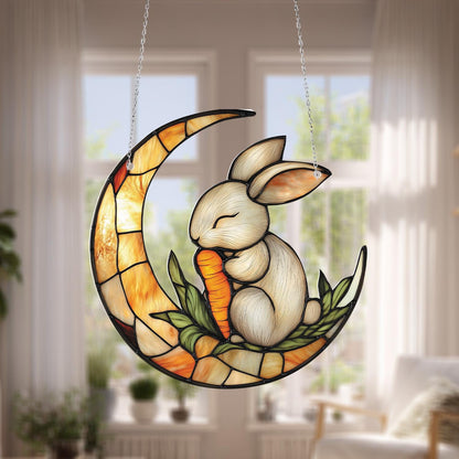 Crescent Moon Bunny Hanging Ornament, Handcrafted Stained Glass Rabbit, Cute Carrot Decor for Home, Whimsical Window Accent