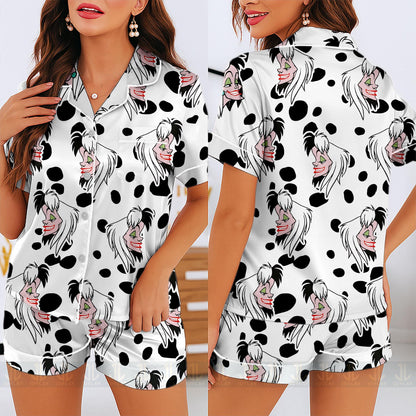 Cruella 101 Dalmatian Unisex Satin Pajamas Set, Spooky Season Pajamas , Long Sleeve And Short Styles