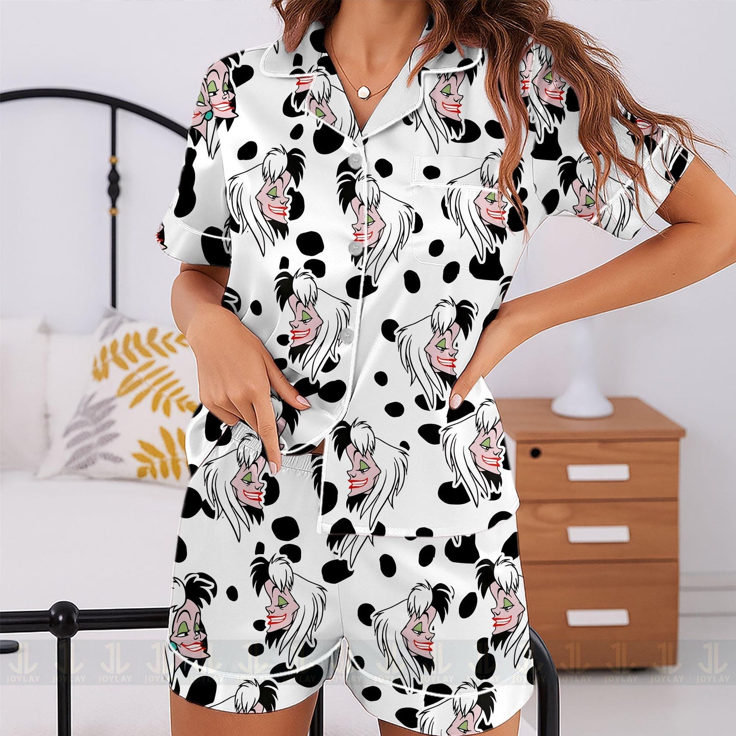 Cruella 101 Dalmatian Unisex Satin Pajamas Set, Spooky Season Pajamas , Long Sleeve And Short Styles