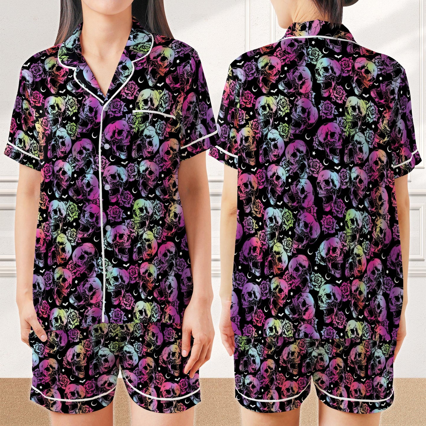 Gothic Skull Halloween Pajama Set, Neon Floral Skull Sleepwear, Spooky Skull Nightwear, Spooky Season PJs, Womens Halloween Pajama Set