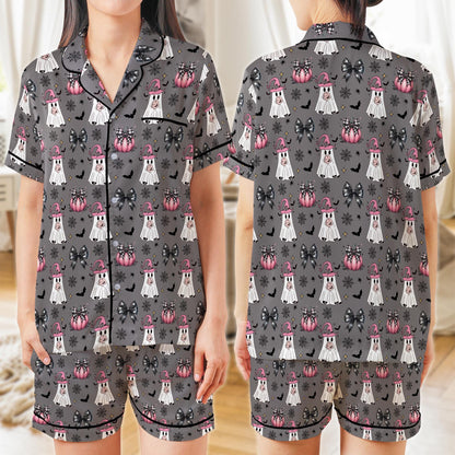 Pink Boo Ghost Halloween Pajama Set, Coquette Halloween Satin Pajama Set, Spooky Season Sleepwear, Trick Or Treat Matching Halloween PJs