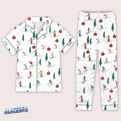 Ski Lodge Pajama Set | Cute Winter PJs for Women | Snowy Resort Print Satin Shorts Set | Après-Ski Sleepwear | Cozy Holiday Gift