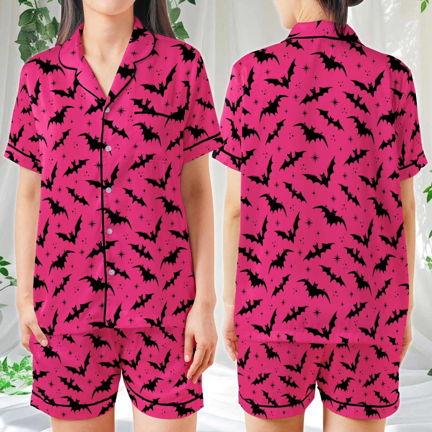 Spooky Bat Halloween Pajama Set, Halloween Sleepwear, Spooky Season Satin Pajamas, Gothic Halloween PJs for Women, Horror Holiday Gift