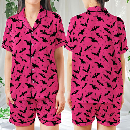 Spooky Bat Halloween Pajama Set, Halloween Sleepwear, Spooky Season Satin Pajamas, Gothic Halloween PJs for Women, Horror Holiday Gift