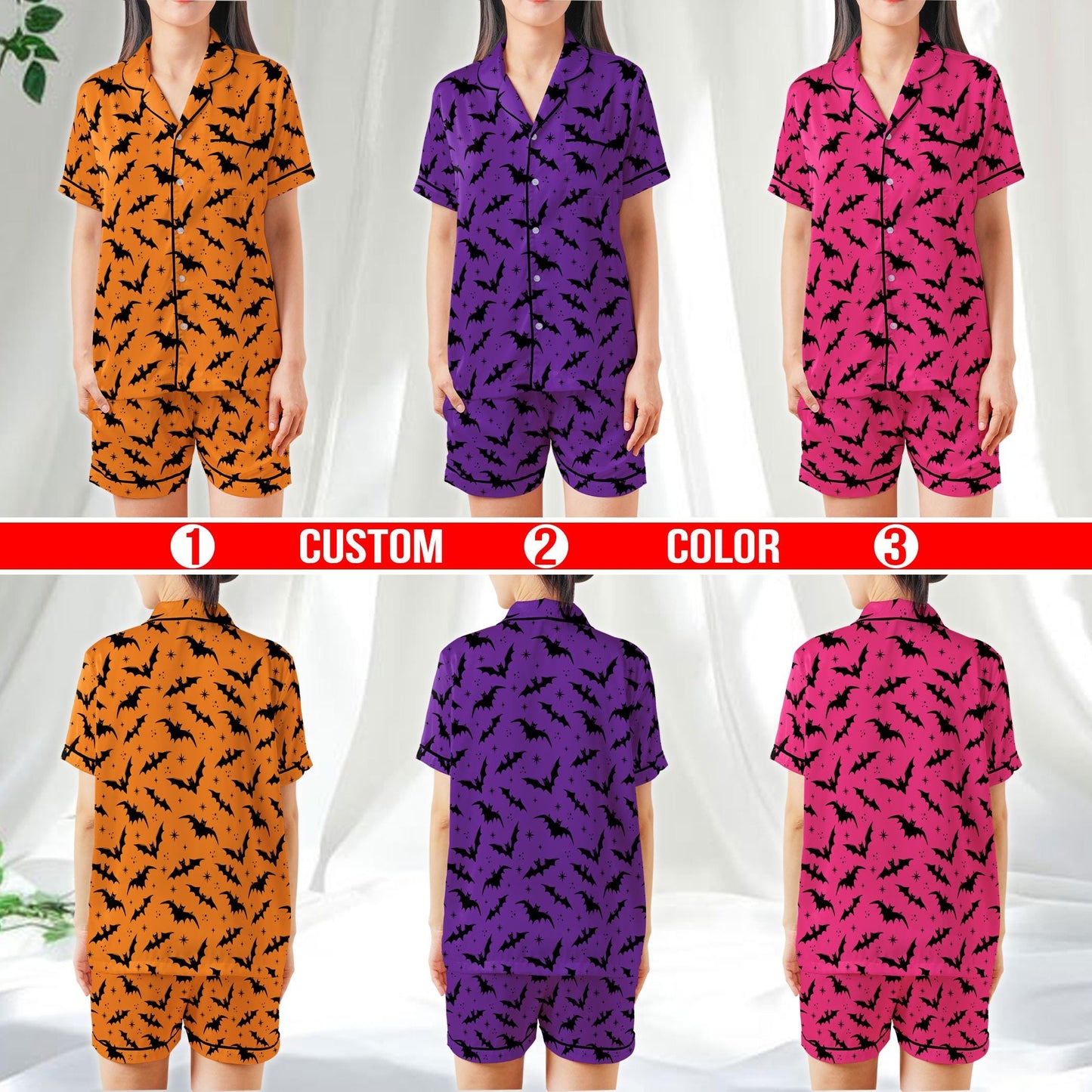 Spooky Bat Halloween Pajama Set, Halloween Sleepwear, Spooky Season Satin Pajamas, Gothic Halloween PJs for Women, Horror Holiday Gift