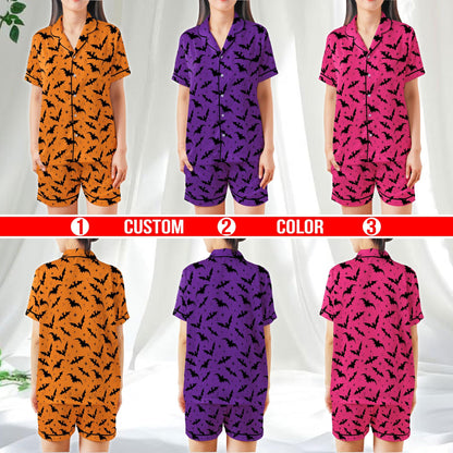 Spooky Bat Halloween Pajama Set, Halloween Sleepwear, Spooky Season Satin Pajamas, Gothic Halloween PJs for Women, Horror Holiday Gift