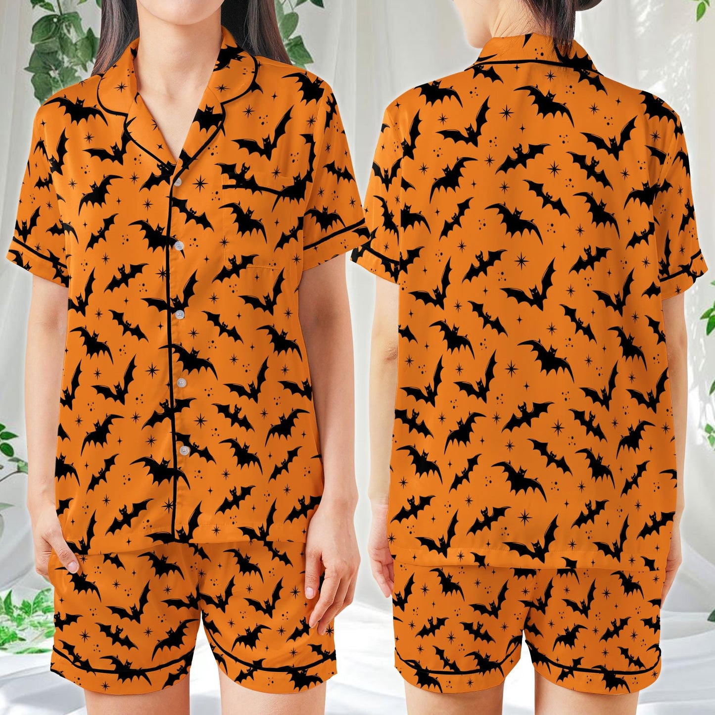 Spooky Bat Halloween Pajama Set, Halloween Sleepwear, Spooky Season Satin Pajamas, Gothic Halloween PJs for Women, Horror Holiday Gift
