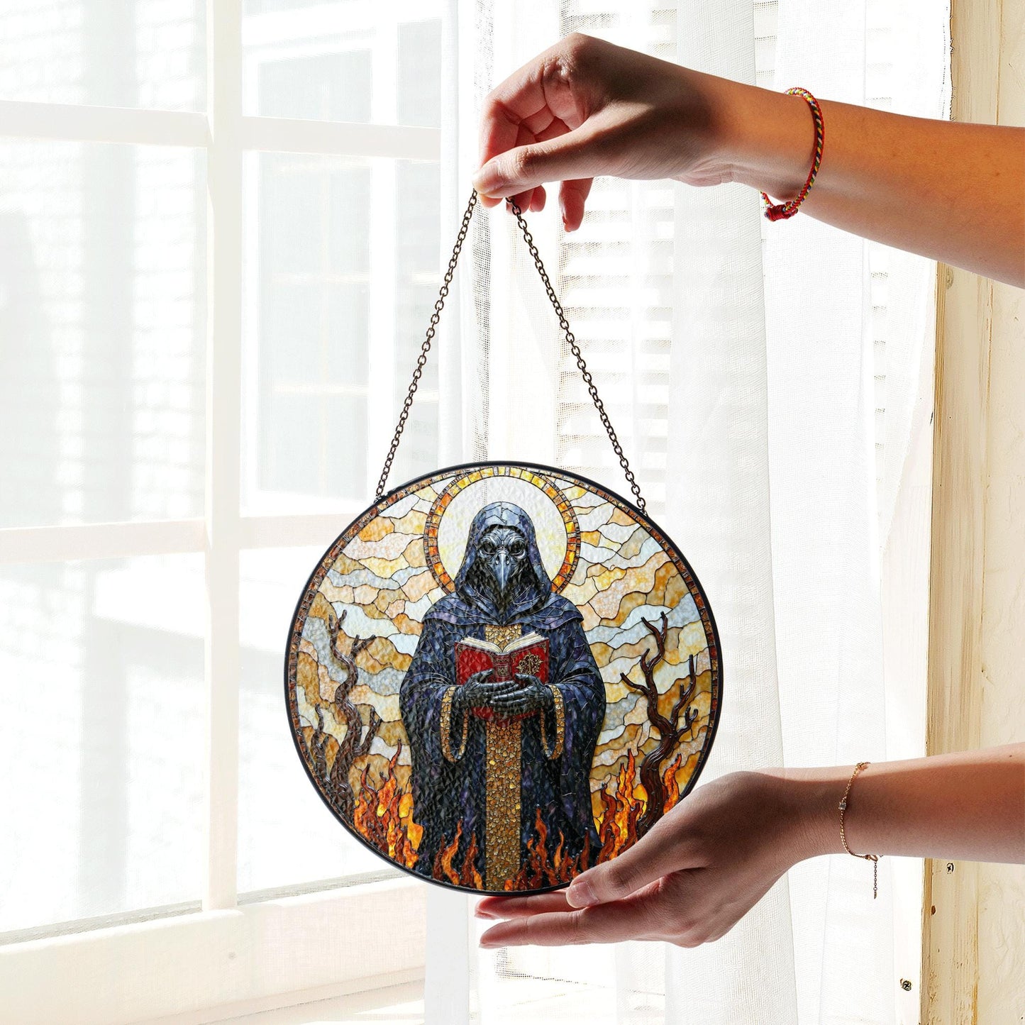 suncatcher stained glass style grim reaper figure with flames and halo Halloween gift gothic decor