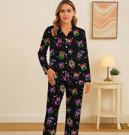 Halloween Neon Witch Pajamas Set, Halloween Witch Movie Sleepwear, Witch With Bow And Cat Homewear, Cozy Loungewear, Witch Movie Fan Gift