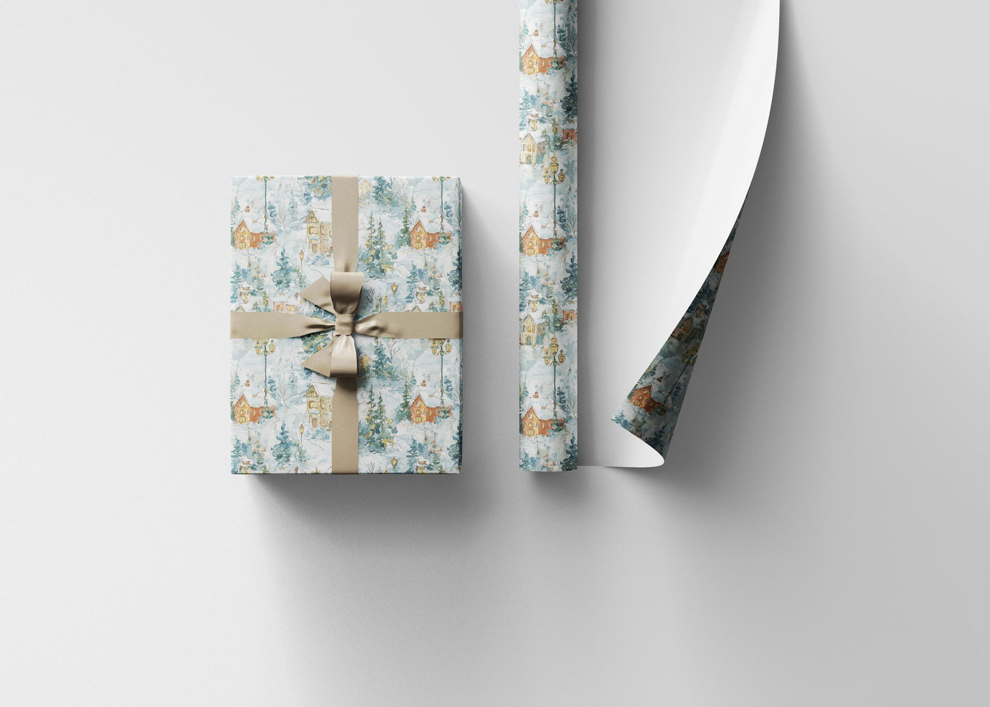 Christmas Wrapping Paper Roll with Village Design, Snowy House Gift Wrap for Holiday Presents #7