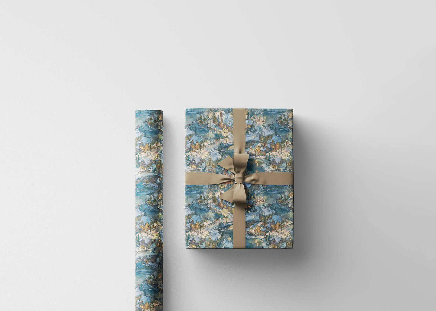 Holiday Wrapping Paper Roll with Snowy Village Homes and Christmas Lights #21