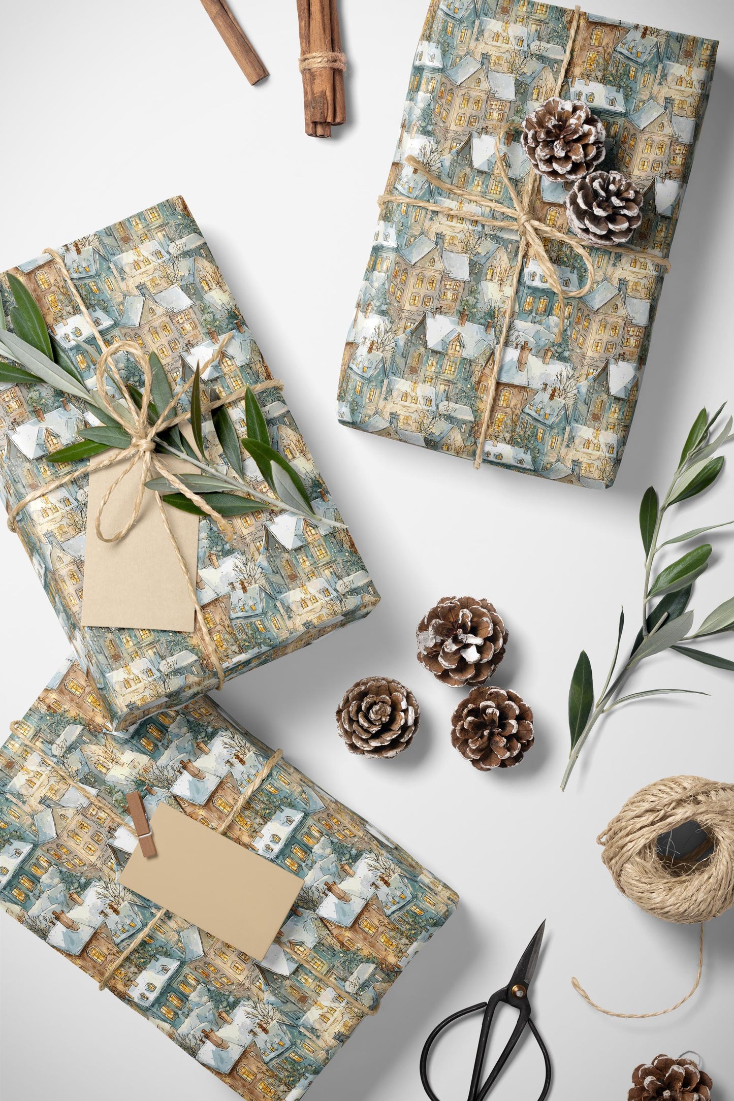 Premium Wrapping Paper Roll with Christmas Village, Holiday Gift Wrap for Winter Festive Packaging #10