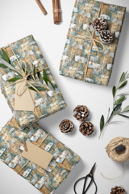 Premium Wrapping Paper Roll with Christmas Village, Holiday Gift Wrap for Winter Festive Packaging #10