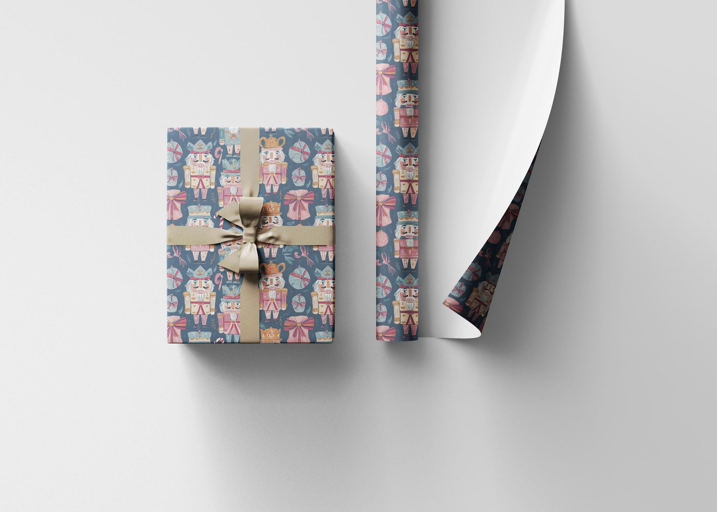 Traditional Christmas Wrapping Paper Roll with Nutcracker Figures and Holiday Ornaments #9