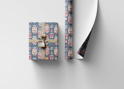 Traditional Christmas Wrapping Paper Roll with Nutcracker Figures and Holiday Ornaments #9