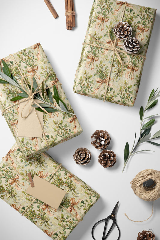 Vintage Style Mistletoe Wrapping Paper Roll, Elegant Watercolor Christmas Gift Wrap #6