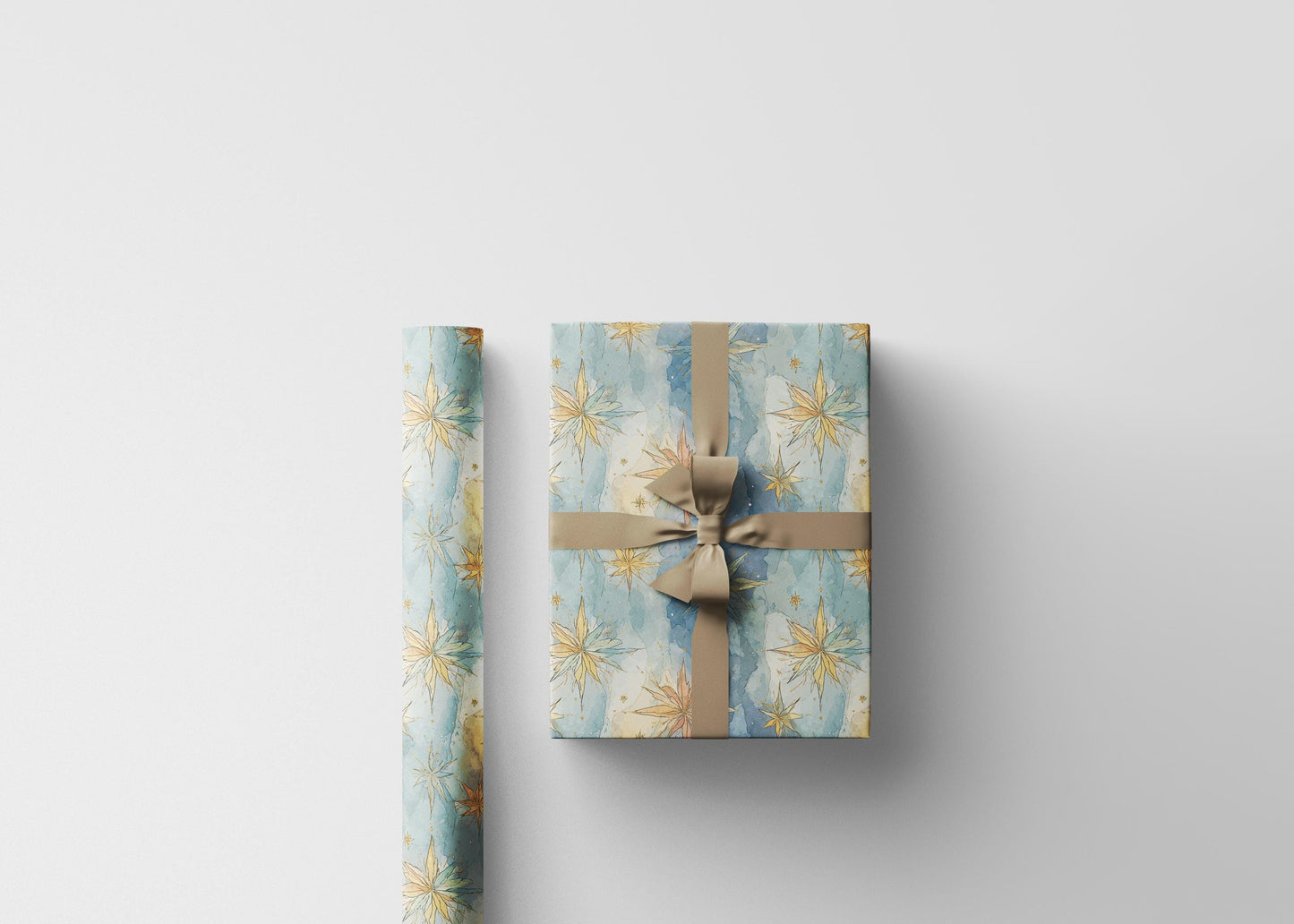 Watercolor Star Christmas Wrapping Paper Roll, Elegant Holiday Gift Wrap with Gold Star Design #1