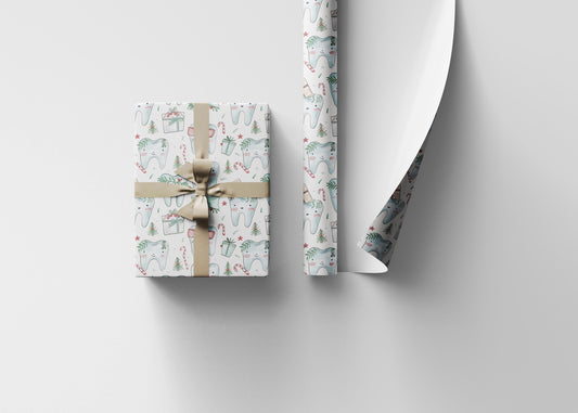 Dentist Wrapping Paper, Tooth Pattern Gift Wrap, Orthodontist Print Design Christmas Fun Gift Wrap for Dental Office Dentist and Hygienists