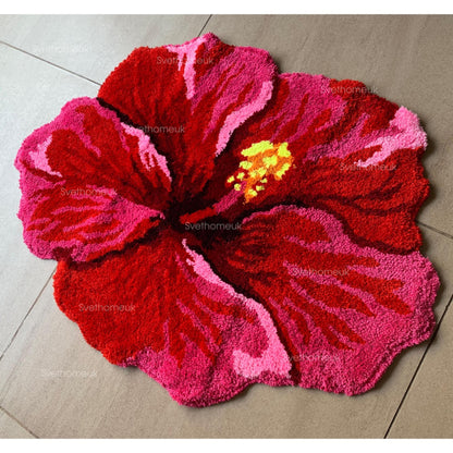 Red Hibiscus Flower Flocking Rug Floral bath mat Bath Mat Non-slip Absorbent Microfiber