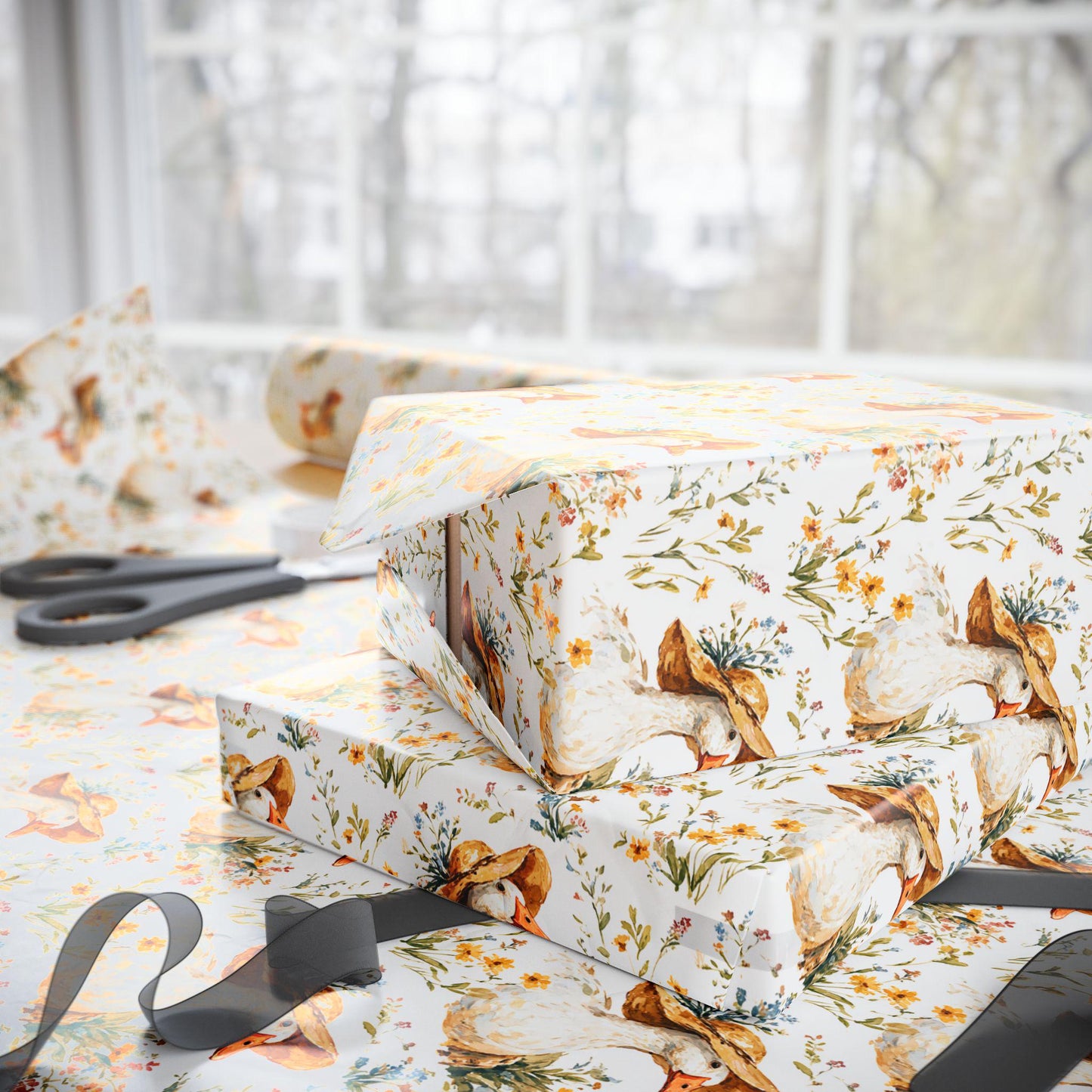 Goose and Wildflower Wrapping Paper for Spring Birthday Gifts | Rustic Farm Animal Gift Wrap for Kids, Gardeners, Plant Moms & Nature Lovers