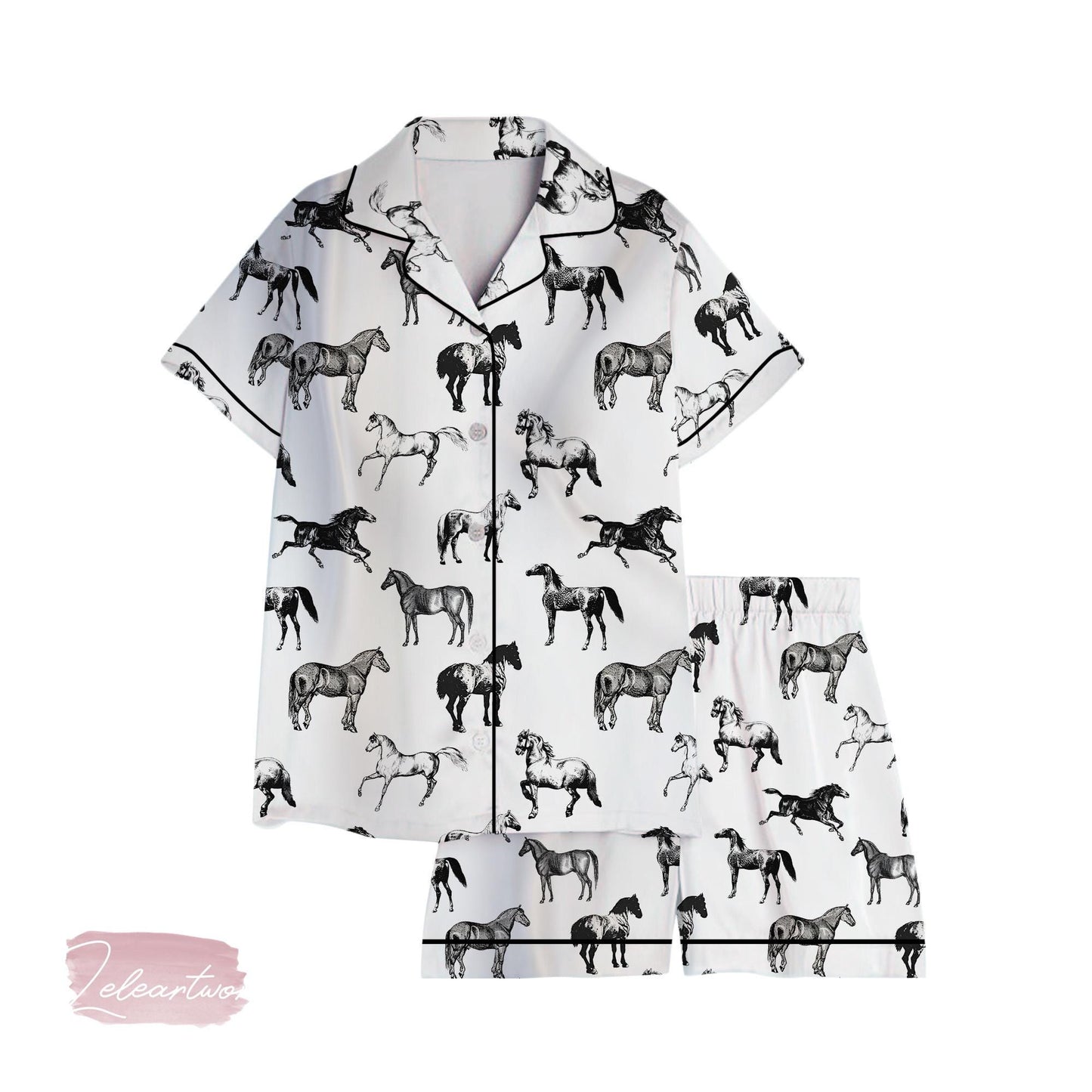 Horse Lover Pajama Set – Black & White Equestrian Print Sleepwear for Women, Horse Print Loungewear, Farm Animal Gift Set