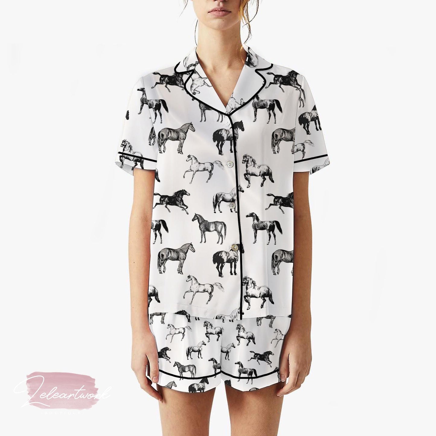 Horse Lover Pajama Set – Black & White Equestrian Print Sleepwear for Women, Horse Print Loungewear, Farm Animal Gift Set
