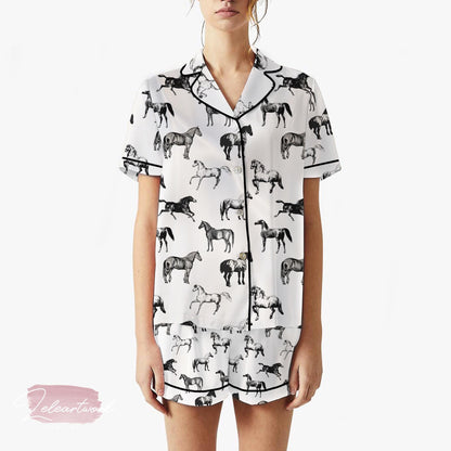 Horse Lover Pajama Set – Black & White Equestrian Print Sleepwear for Women, Horse Print Loungewear, Farm Animal Gift Set