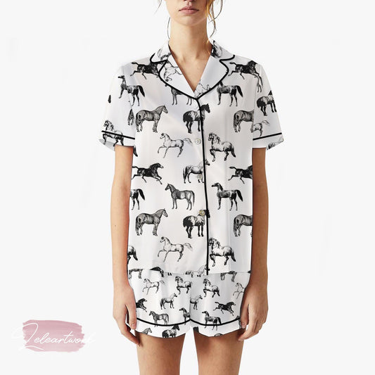 Horse Lover Pajama Set – Black & White Equestrian Print Sleepwear for Women, Horse Print Loungewear, Farm Animal Gift Set