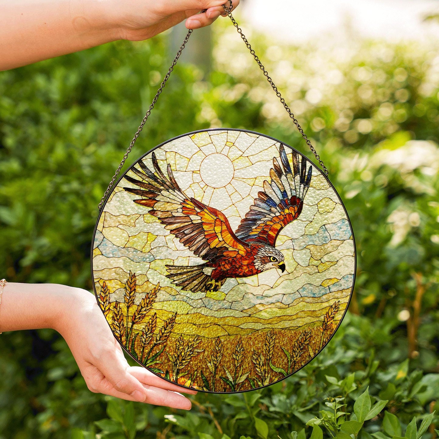 soaring hawk over golden wheat field stained glass suncatcher window decor gift for dad or nature lover