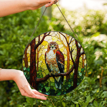 Majestic hawk in forest stained glass suncatcher bird window decor gift for dad or nature lover