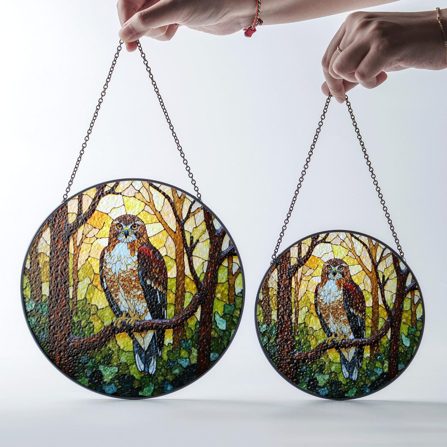 Majestic hawk in forest stained glass suncatcher bird window decor gift for dad or nature lover