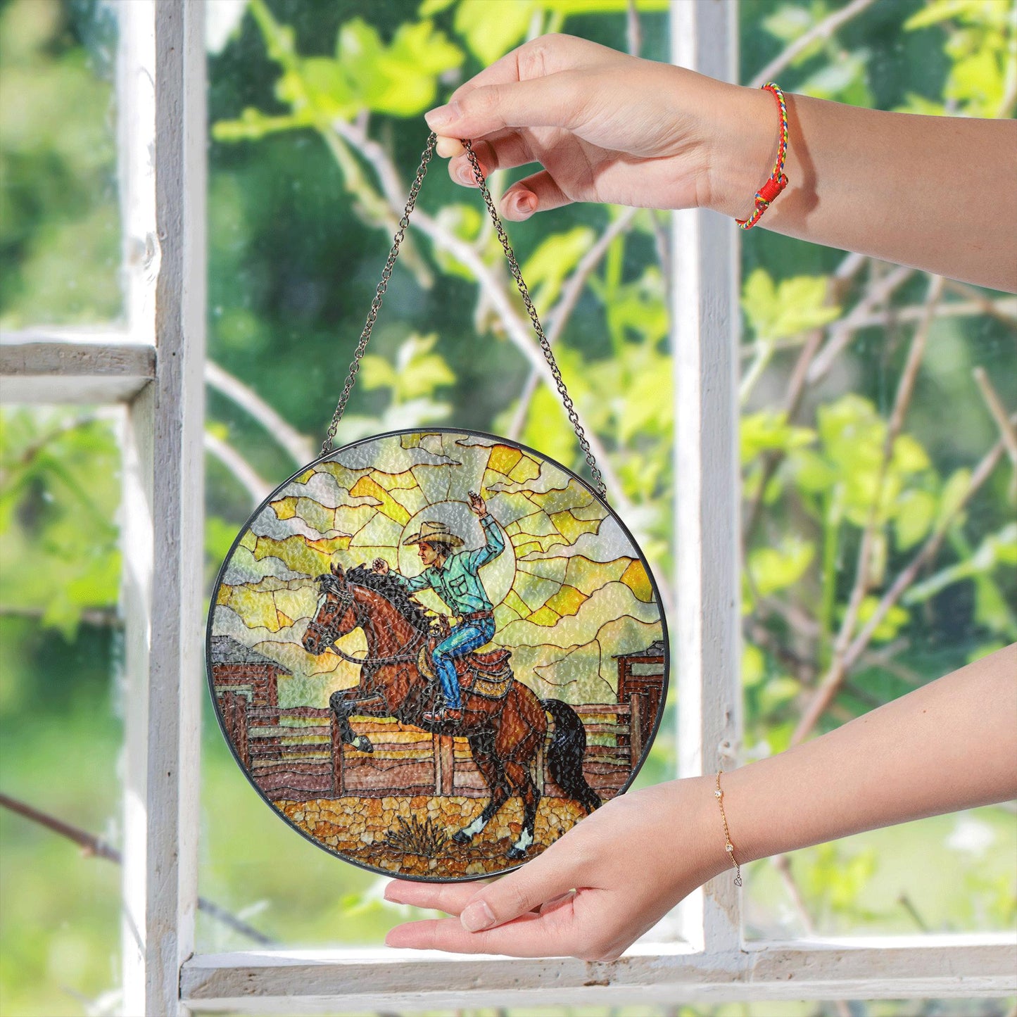 Cowboy on Horseback Stained Glass Western Suncatcher Window Art Gift for Father or Western Decor Lovers