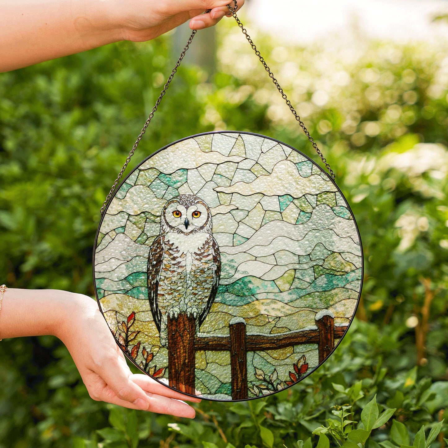 Owl perched on wooden fence stained glass suncatcher rustic window decor gift for bird lovers and nature moms