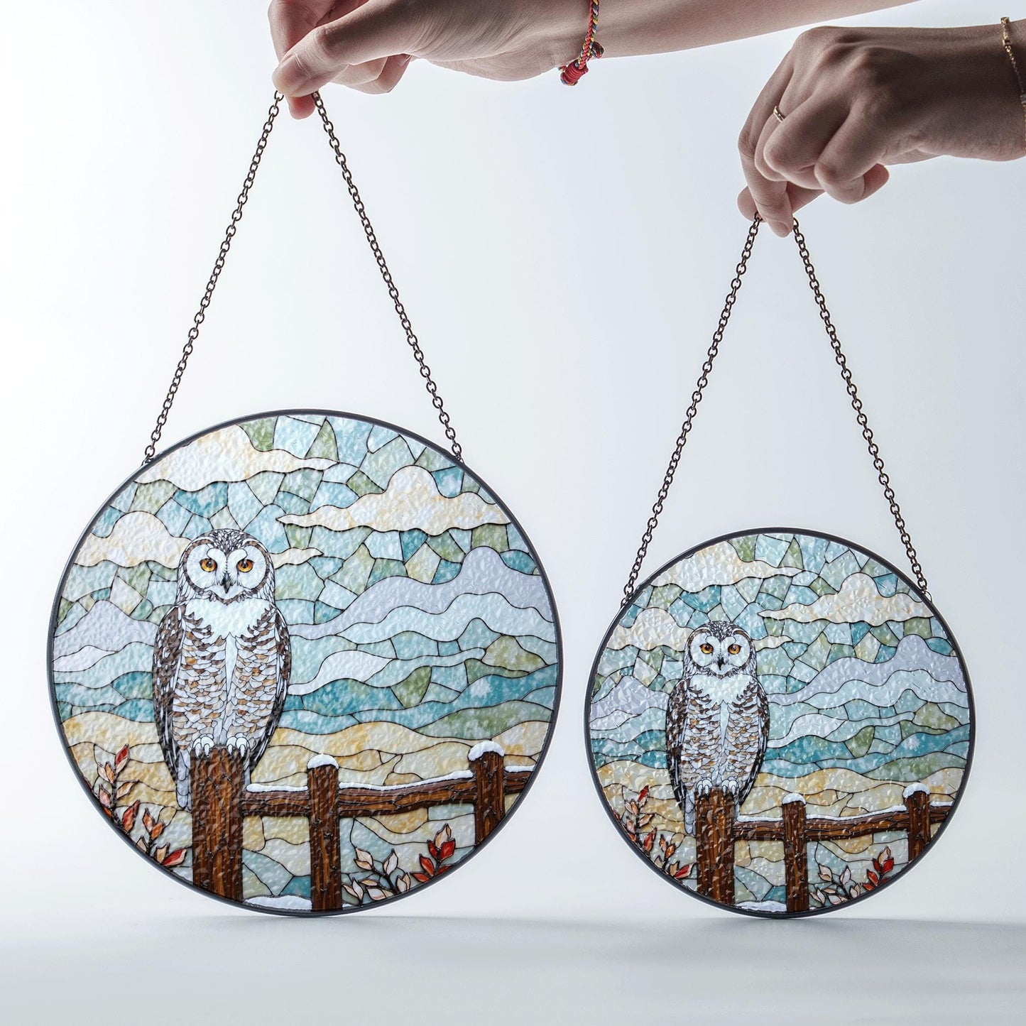 Owl perched on wooden fence stained glass suncatcher rustic window decor gift for bird lovers and nature moms