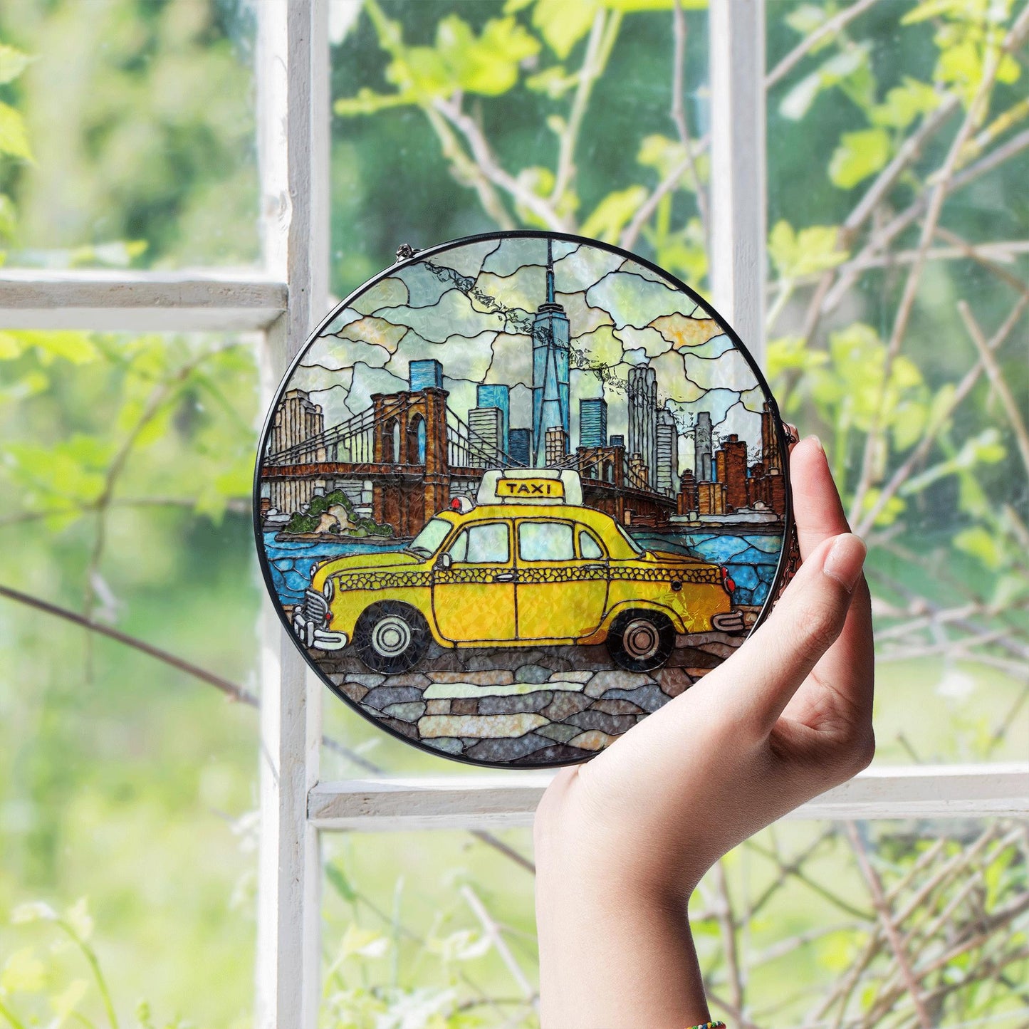 New York City Taxi Skyline Suncatcher Window Hanging Gift for Dad