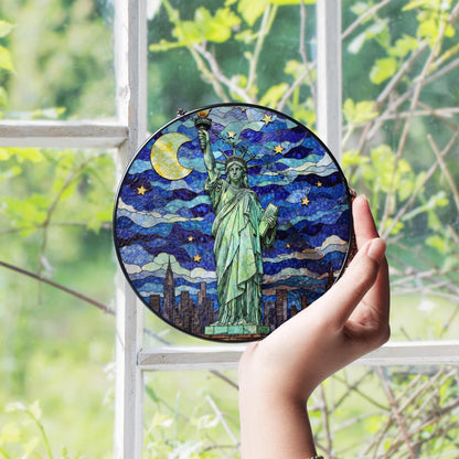 Statue of Liberty under moonlit sky stained glass suncatcher window decor Fourth of July patriotic gift