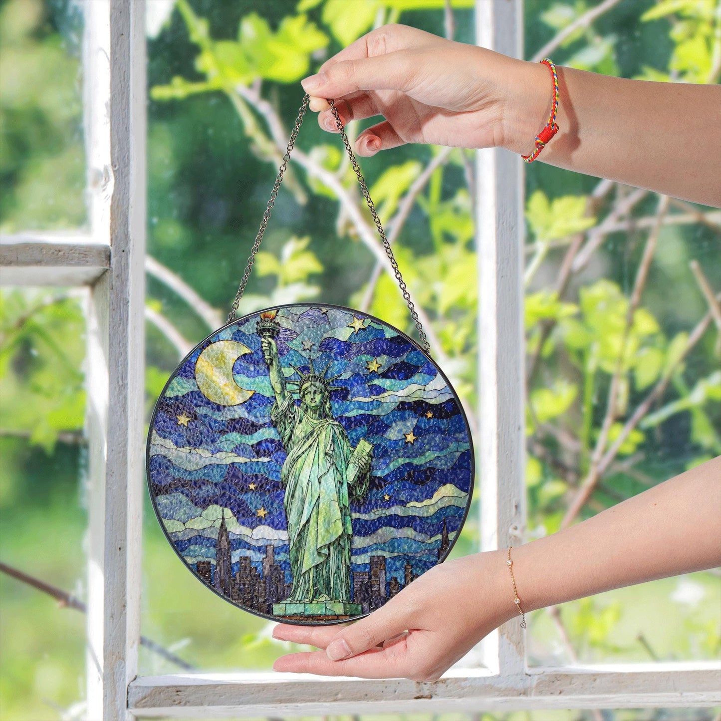 Statue of Liberty under moonlit sky stained glass suncatcher window decor Fourth of July patriotic gift