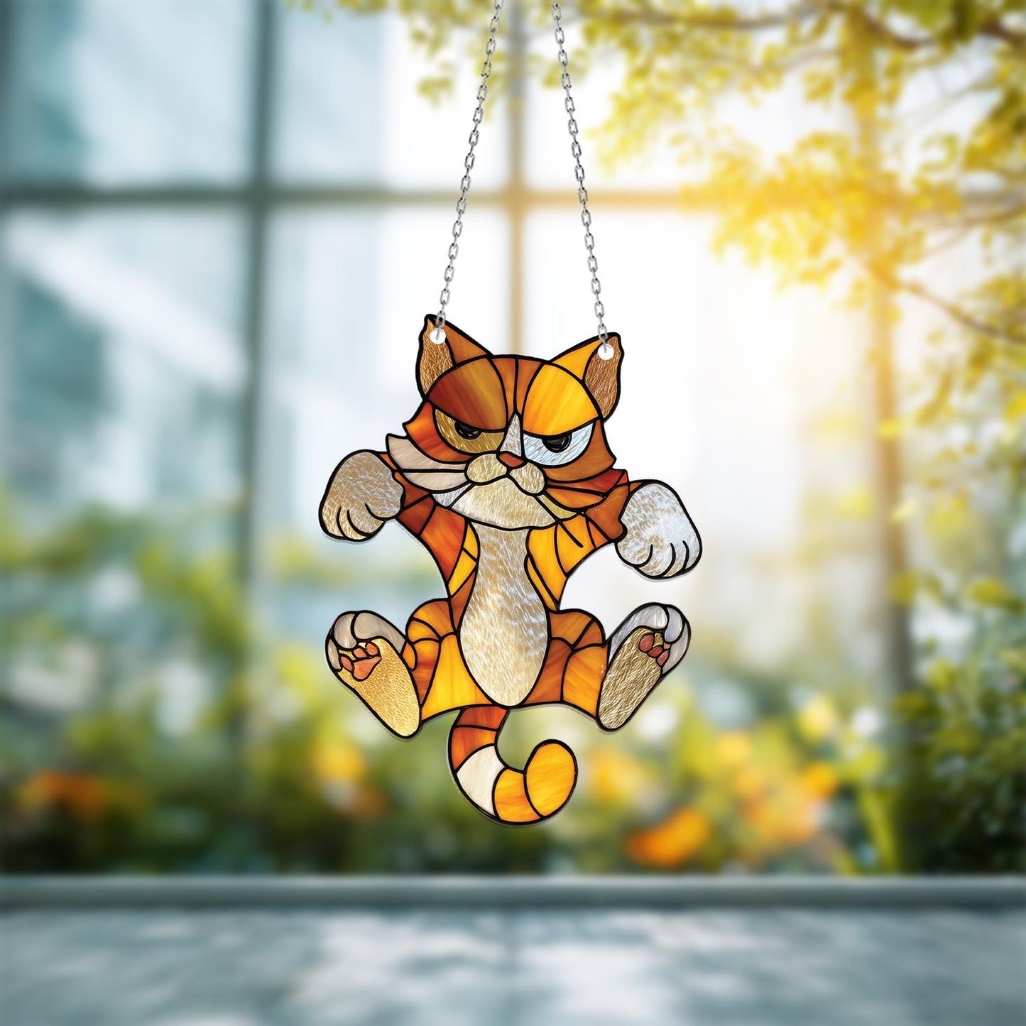 Grumpy Orange Cat Hanging Decor, Funny Angry Kitty Accent for Window or Porch, Quirky Feline Gift for Cat Lovers and Autumn Home Style