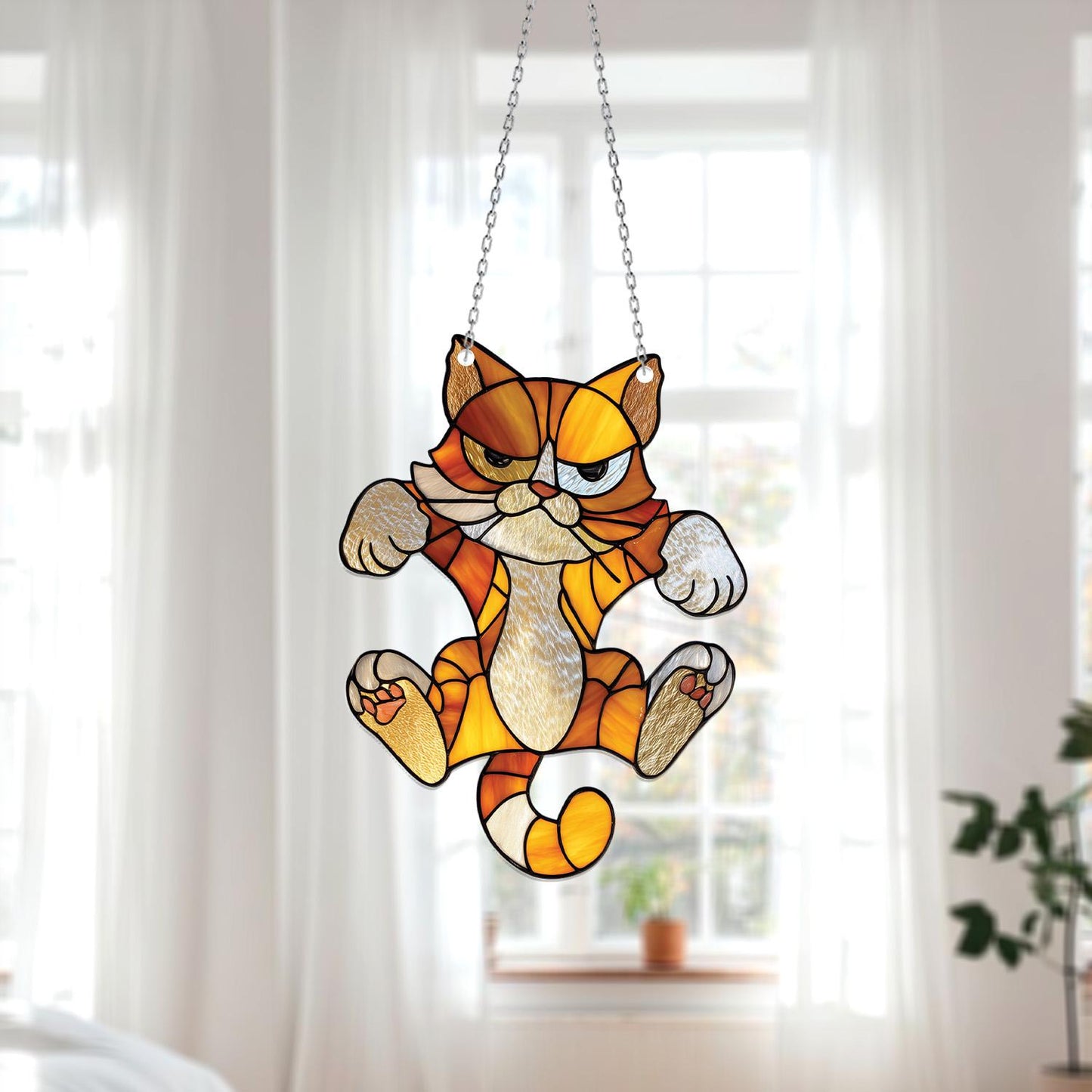 Grumpy Orange Cat Hanging Decor, Funny Angry Kitty Accent for Window or Porch, Quirky Feline Gift for Cat Lovers and Autumn Home Style