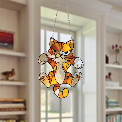 Grumpy Orange Cat Hanging Decor, Funny Angry Kitty Accent for Window or Porch, Quirky Feline Gift for Cat Lovers and Autumn Home Style
