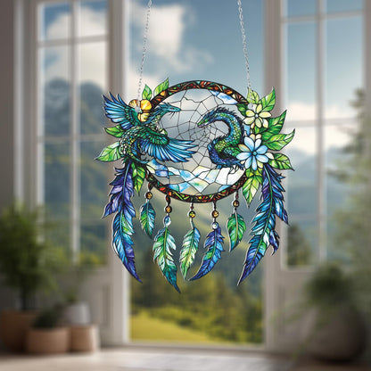 Phoenix and Dragon Dreamcatcher Hanging Decor, Boho Fantasy Feather Charm with Flowers and Sky, Mythical Creature Accent for Magical Homes