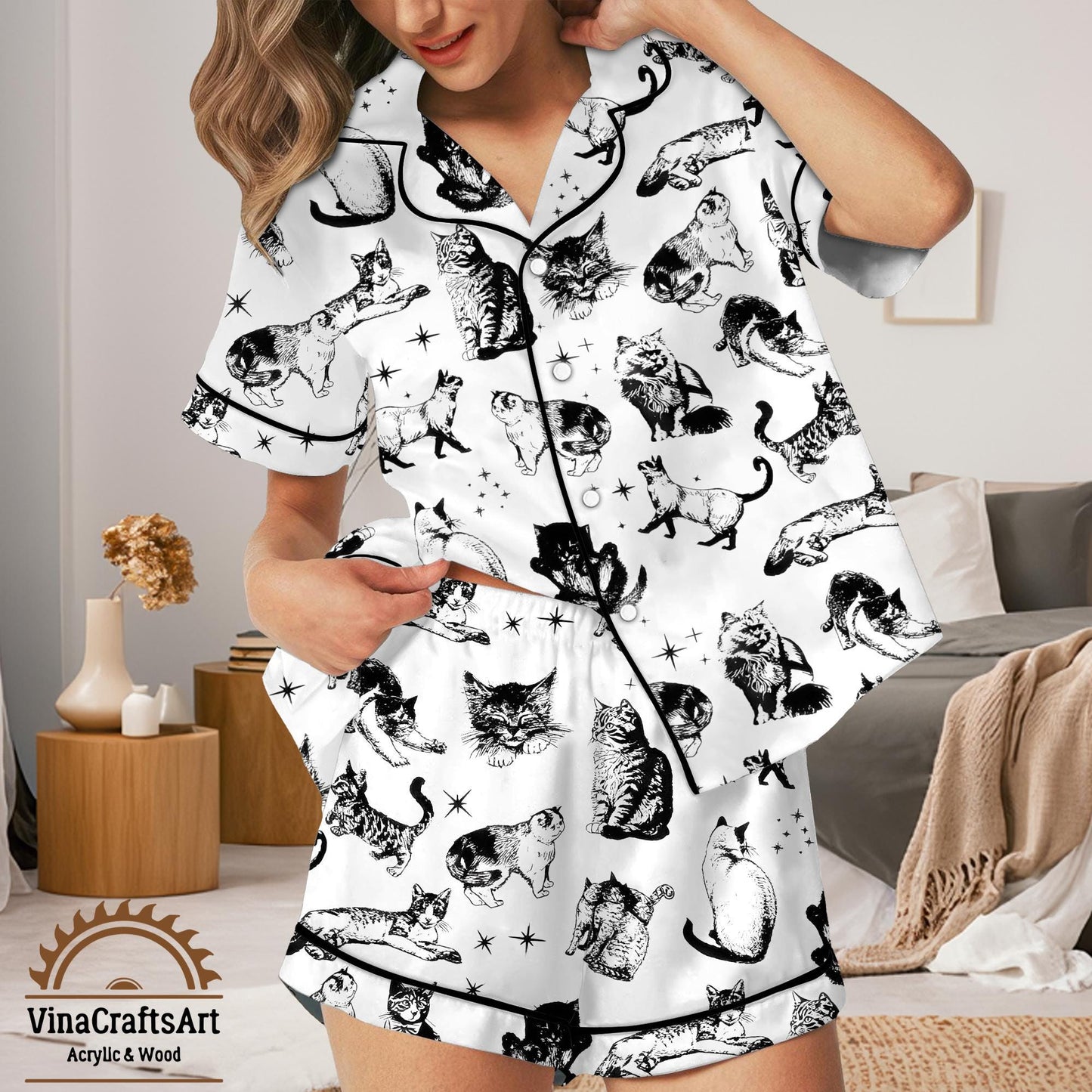 Black & White Cat Pajamas Set – Vintage Style Short and Long Sleeve Loungewear, Cute Cat Print Sleepwear for Women | Summer Cozy Pajamas Set