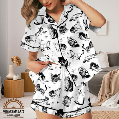 Black & White Cat Pajamas Set – Vintage Style Short and Long Sleeve Loungewear, Cute Cat Print Sleepwear for Women | Summer Cozy Pajamas Set