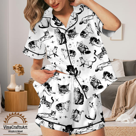 Black & White Cat Pajamas Set – Vintage Style Short and Long Sleeve Loungewear, Cute Cat Print Sleepwear for Women | Summer Cozy Pajamas Set
