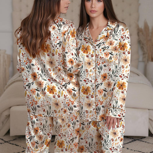 Fall Cottagecore Flower Field Pajama Set, Cozy Autumn Sleepwear, Cottagecore Fall Loungewear Set, Boho Fall Floral Pajamas, Thanksgiving Pjs