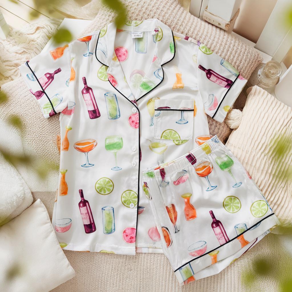 Cocktail Satin Pajamas Set, Margarita Pajamas, Summer Pajamas, Funny Alcohol Pajamas, Family Pyjamas, Womens Pajamas, Wine Bottle Pajamas