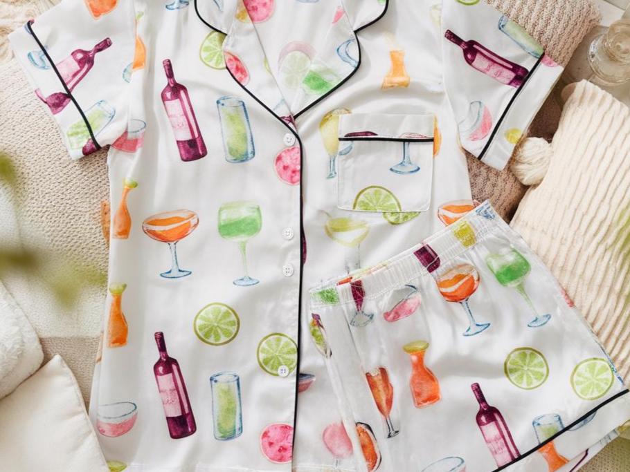 Cocktail Satin Pajamas Set, Margarita Pajamas, Summer Pajamas, Funny Alcohol Pajamas, Family Pyjamas, Womens Pajamas, Wine Bottle Pajamas